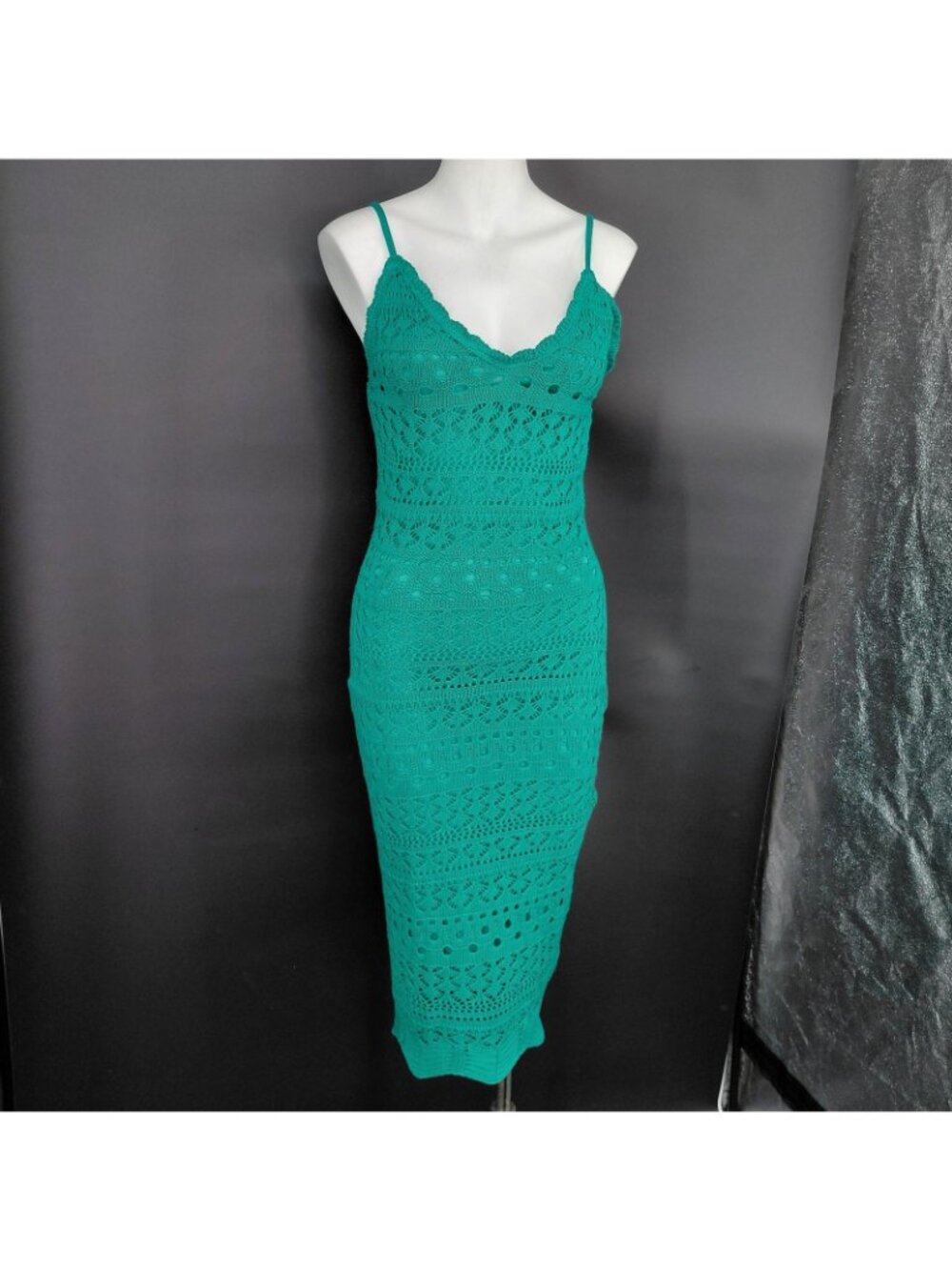 Crochet Knit Bodycon Dress Women Small Green Midi Lined Party Summer Lucky Irish - Picture 3 of 15